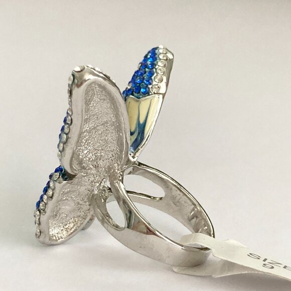 Vintage Blue Butterfly Cocktail Ring Statement Size 7 9 Crystal Rhodium Plated - Picture 6 of 13